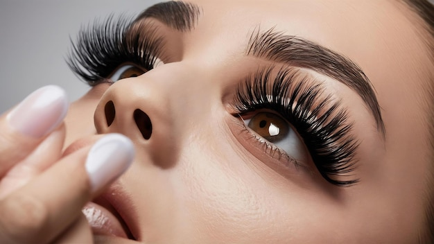 Close-up of a woman's face focusing on her eyes with long, voluminous eyelashes and well-groomed eyebrows, with a gentle hand touch to her face, showcasing beauty and makeup styling.